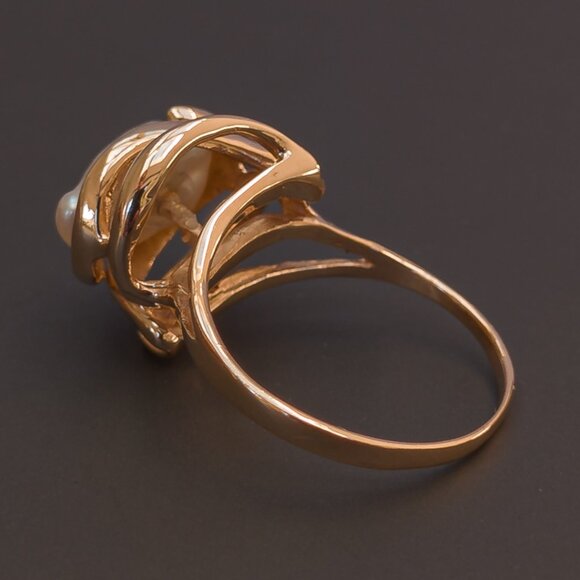 Vintage 14k Gold Sculptural Swirl Ring with Baroque Freshwater Pearl — Size 6.75 - Picture 10 of 14